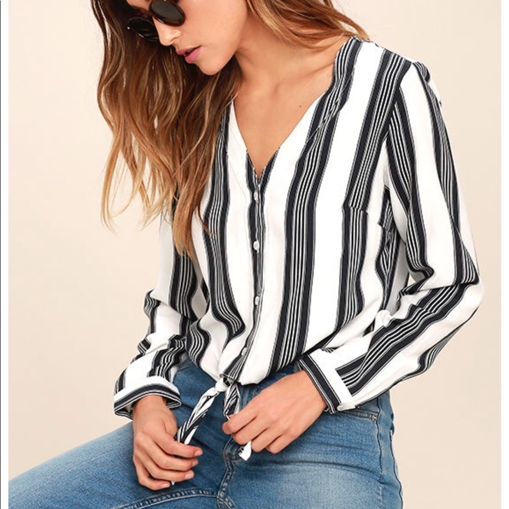 Lulu's Black and White Striped Button Down Shirt